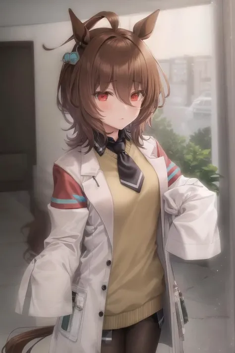 masterpiece, best quality, agens tachyon \(umamusume\), solo ,block_eyes,labcoat, black pantyhose,((sleeves past fingers)), yellow sweater, black necktie, horse girl, horse tail, brown hair, red eyes,sleeves past wrists,