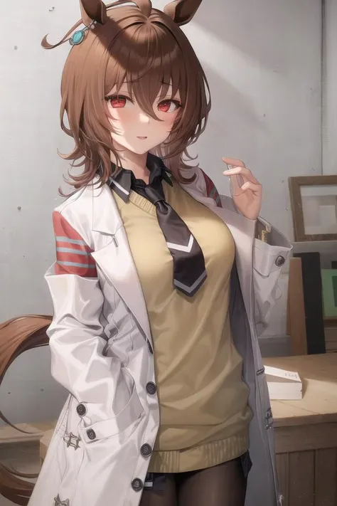 masterpiece, best quality, agens tachyon \(umamusume\), solo, cowboy shot <lora:agnes_tachyon_lora:0.9>,block_eyes,labcoat, black pantyhose, sleeves past fingers, yellow sweater, black necktie, horse girl, horse tail, brown hair, red eyes,