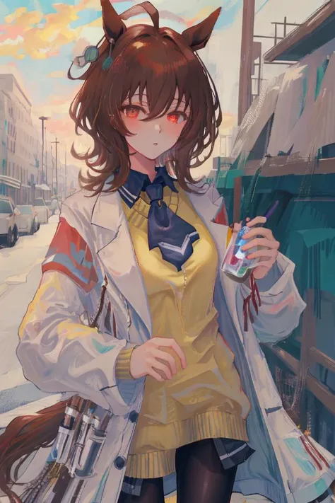 masterpiece, best quality, agens tachyon \(umamusume\), solo, cowboy shot <lora:agnes_tachyon_lora:0.9>,block_eyes,labcoat, black pantyhose, sleeves past fingers, yellow sweater, black necktie, horse girl, horse tail, brown hair, red eyes,