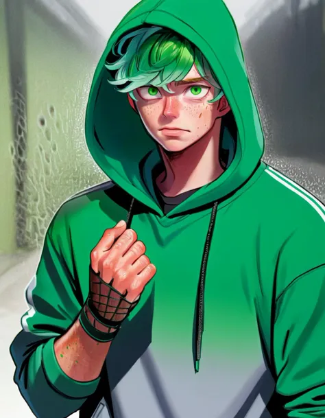 1boy, fingerless gloves, fishnets, freckles, gloves, green eyes, green hair, hood, hood down, hoodie, male focus, marker \(medium\), racket, solo, sweat, traditional media
 <lora:Juder_Art_Style_SDXL:1>