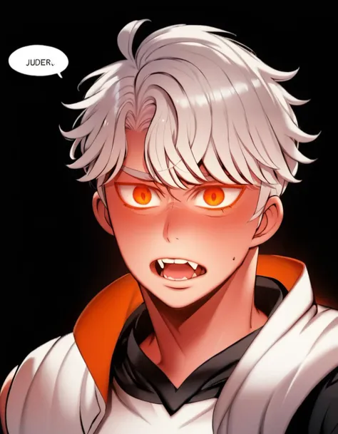 1boy, blush, male focus, open mouth, orange eyes, solo, speech bubble, sweat, white hair,
english text, "Juder SDXL",black background,
 <lora:Juder_Art_Style_SDXL:1.1>