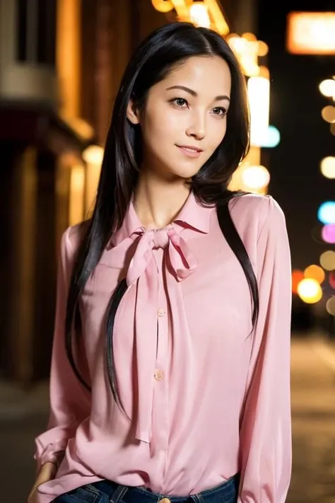 1girl,(wearing a pink blouse:1.4),(RAW photo, best quality), (realistic, photo-realistic:1.4), masterpiece, an extremely delicate and beautiful, extremely detailed, 2k wallpaper, Amazing, finely detail, extremely detailed CG unity 8k wallpaper, ultra-detailed, highres, soft light, beautiful detailed girl, extremely detailed eyes and face, beautiful detailed nose, beautiful detailed eyes,cinematic lighting,city lights at night,perfect anatomy,slender body,smiling  <lora:itoshizuka_lora:0.7>