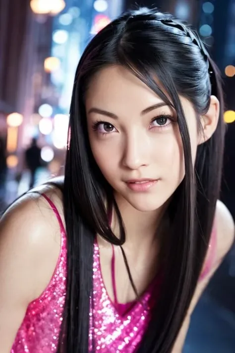 1girl,(wearing a pink glittery dress:1.4),(RAW photo, best quality), (realistic, photo-realistic:1.4), masterpiece, an extremely delicate and beautiful, extremely detailed, 2k wallpaper, Amazing, finely detail, extremely detailed CG unity 8k wallpaper, ultra-detailed, highres, soft light, beautiful detailed girl, extremely detailed eyes and face, beautiful detailed nose, beautiful detailed eyes,cinematic lighting,city lights at night,perfect anatomy,slender body,smiling,(long black hair:1.5) <lora:itoshizuka_lora:0.7>