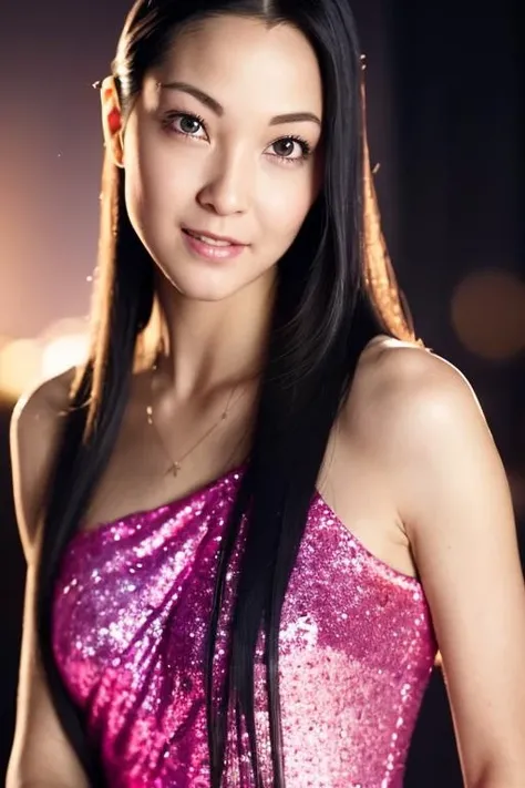 1girl,(wearing a pink glittery dress:1.4),(RAW photo, best quality), (realistic, photo-realistic:1.4), masterpiece, an extremely delicate and beautiful, extremely detailed, 2k wallpaper, Amazing, finely detail, extremely detailed CG unity 8k wallpaper, ultra-detailed, highres, soft light, beautiful detailed girl, extremely detailed eyes and face, beautiful detailed nose, beautiful detailed eyes,cinematic lighting,city lights at night,perfect anatomy,slender body,smiling,(long black hair:1.5)  <lora:itoshizuka_lora:0.7>