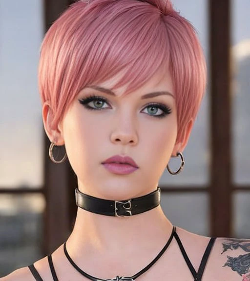 high detail raw photo masterpiece, best quality, detailed, j scott campbell, artgerm, loish, haltertop, sexy punk young woman with short pink hair wearing a posturecollar, full body, detailed face, flawless face, perfect eyes, highly detailed, 4 k, hdr, smooth, sharp focus, high resolution, award - winning photo, <lora:postureCollar_v1:1>