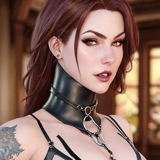 high detail raw photo masterpiece, best quality, detailed, j scott campbell, artgerm, loish, haltertop, sexy demon woman wearing a posturecollar, full body, detailed face, flawless face, perfect eyes, highly detailed, 4 k, hdr, smooth, sharp focus, high resolution, award - winning photo, <lora:PostureCollar_v3:1>
