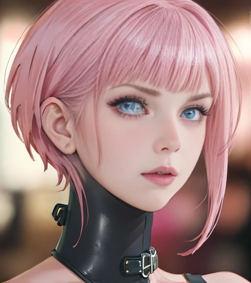 high detail raw photo masterpiece, best quality, detailed, j scott campbell, artgerm, loish, haltertop, sexy punk young woman with short pink hair wearing a posturecollar, full body, detailed face, flawless face, perfect eyes, highly detailed, 4 k, hdr, smooth, sharp focus, high resolution, award - winning photo, <lora:postureCollar_v1:1>