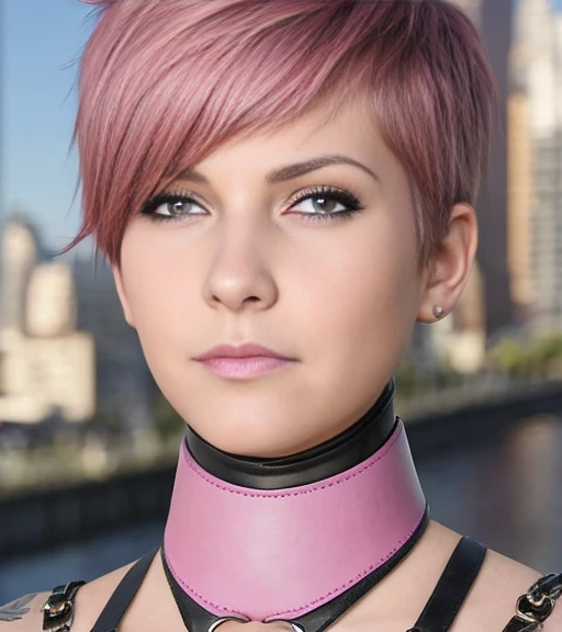 high detail raw photo masterpiece, best quality, detailed, j scott campbell, artgerm, loish, haltertop, sexy punk young woman with short pink hair wearing a posturecollar, full body, detailed face, flawless face, perfect eyes, highly detailed, 4 k, hdr, smooth, sharp focus, high resolution, award - winning photo, <lora:postureCollar_v1:1>