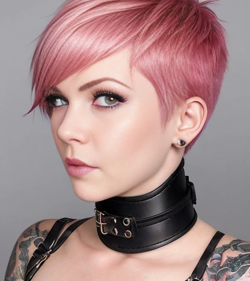 high detail raw photo masterpiece, best quality, detailed, j scott campbell, artgerm, loish, haltertop, sexy punk young woman with short pink hair wearing a posturecollar, full body, detailed face, flawless face, perfect eyes, highly detailed, 4 k, hdr, smooth, sharp focus, high resolution, award - winning photo, <lora:postureCollar_v1:1>