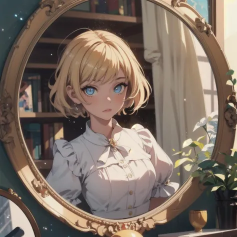 best quality, masterpiece), 1girl, looking at viewer, blurry background, upper body, contemporary, dress, unreal engine eyes, cgi eyes, blurry eyes, perfect round pupil, perfect round iris, (line art:), blonde, short hair, white dress, (oil painted), abstract, fleckes, (eyes with reflection), eyes with light reflection, light particles, sun sunshine, round mirror in her room, amazed, looking at herself in the mirror, time line, time paradox, (abstract:1.2), <lora:add_detail:0.2>, <lora:眼睛双:0.1>