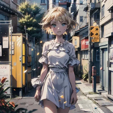 (best quality, masterpiece), 1girl, looking at viewer, blurry background, contemporary, dress, (line art), blonde, short hair, white dress, fleckes, particles, sunshine, on the sidewalk, <lora:add_detail:1>, <lora:眼睛双:1>,