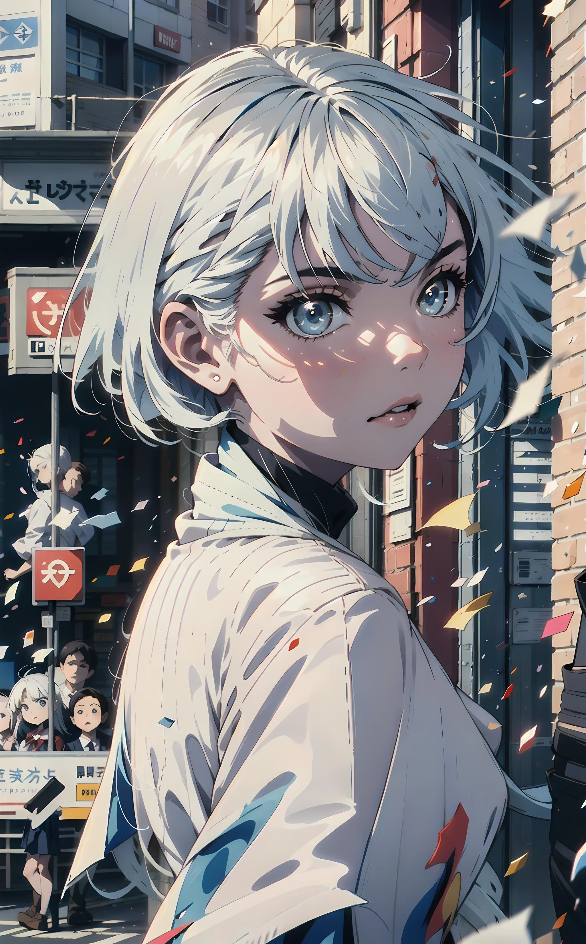 (best quality, masterpiece), 1girl, looking at viewer, blurry background, contemporary, dress, (line art:1), cute, short hair, school uniform, fleckes, sunshine, on the sidewalk, <lora:add_detail:0>, <lora:眼睛双:1>, (cloudy sky:0.5), perfect eyes, white hair, small breast, , upper body, simetry,