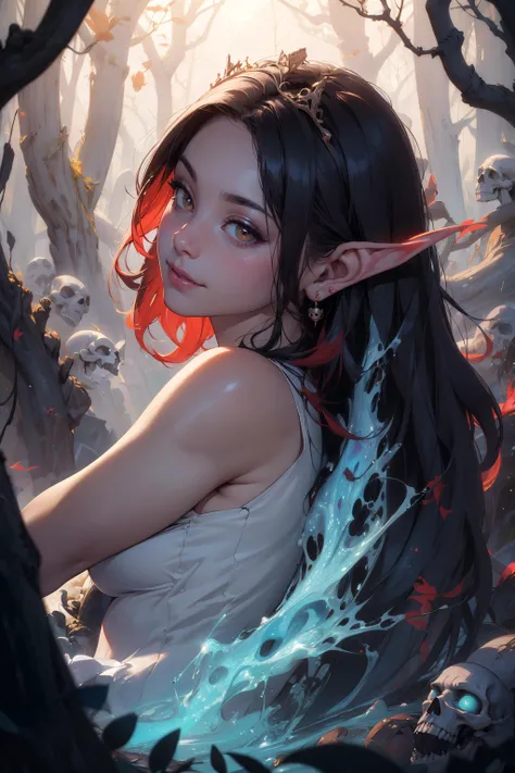 Epic art by (Apterus:1.1), masterpiece, beautiful face, soft smile, cosmic elven queen, perfect lighting, shiny skin, girl with a charming smile surrounded by creepy melted skulls, monsters in the background, hugging shoulder, hands reaching out from all around,sexy pose, girl,masterpiece,official art,unity 8k wallpaper,ultra detailed,beautiful and aesthetic,best quality,intricate details,(dynamic angle:1.4),glowing skin,portrait of the most beautiful form of chaos,elegant,a brutalist designed,vivid colours,romanticism,atmospheric,depth of field,,dark and moody,plants and branches,atmospheric,trending on artstation. 8 k masterpiece, zwd, zuowangdao,