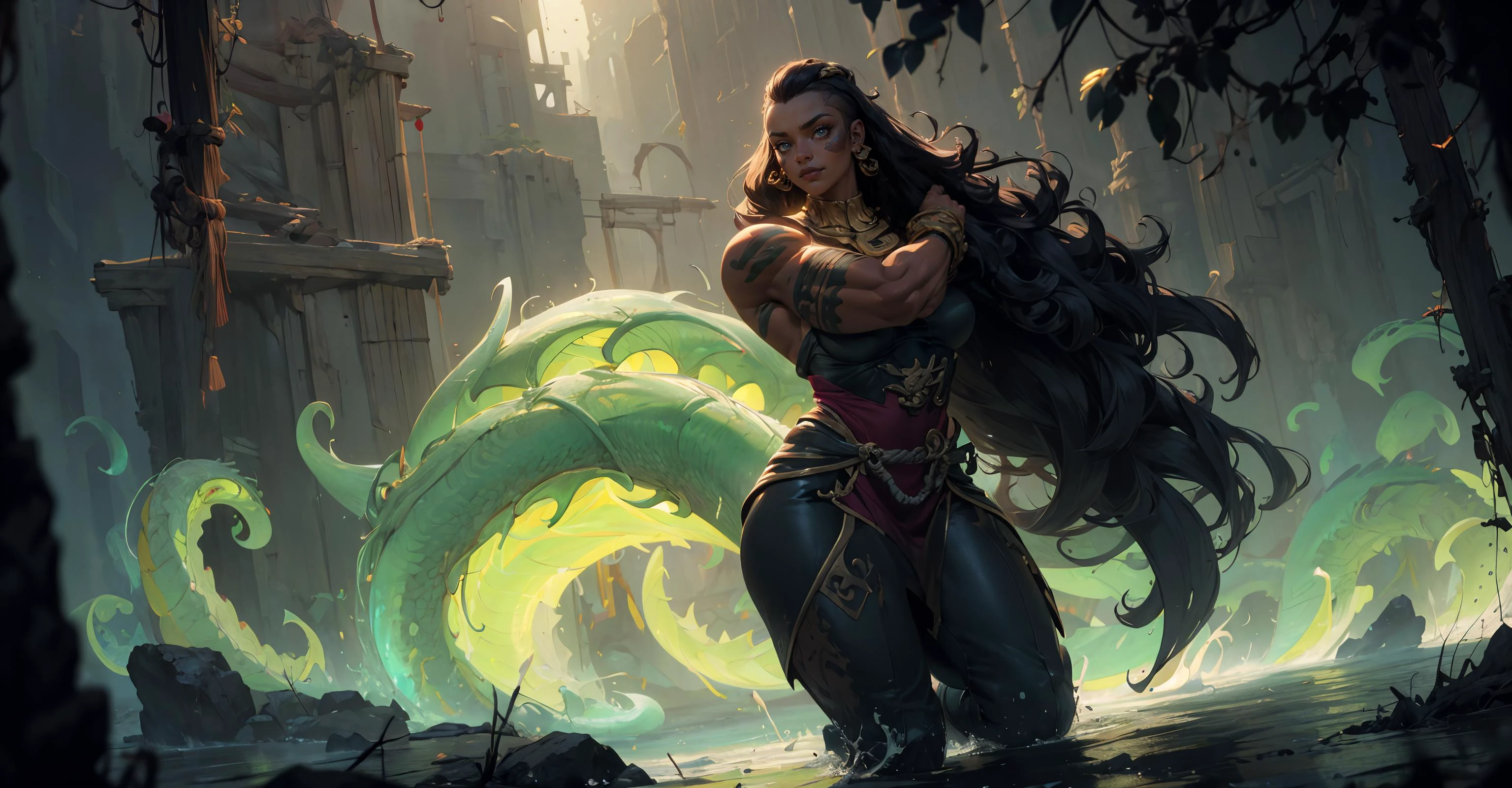 Epic art by (Apterus:1.1), masterpiece, beautiful face, soft smile, illaoi, (dark skin, long hair, muscular:1.2), perfect lighting, shiny skin, girl with a charming smile surrounded by creepy melted skulls, monsters in the background, hugging shoulder, hands reaching out from all around,sexy pose, girl,masterpiece,official art,unity 8k wallpaper,ultra detailed,beautiful and aesthetic,best quality,intricate details,(dynamic angle:1.4),glowing skin,portrait of the most beautiful form of chaos,elegant,a brutalist designed,vivid colours,romanticism,atmospheric,depth of field,,dark and moody,plants and branches,atmospheric,trending on artstation. 8 k masterpiece, zwd, zuowangdao, <lora:illaoi:0.8>