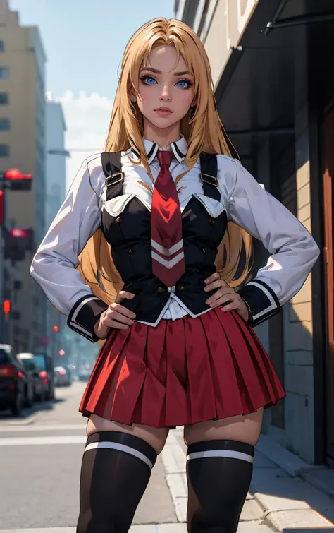 ((masterpiece, best quality)), insaneres, absurdres, solo, outdoors,
CLOTHING_BibleBlack_SchoolDress_ownwaifu,
1girl, blonde hair, long hair, blue eyes,
black vest, red skirt, white shirt, collared shirt, suspenders, school uniform, black thighhighs, zettai ryouiki, necktie, long sleeves, pleated skirt, red necktie,
(contrapposto, hand on hip)<lora:CLOTHING_BibleBlack_SchoolDress_ownwaifu:1>,
lens flare, depth of field, bokeh, embers, vanishing point, looking at viewer,