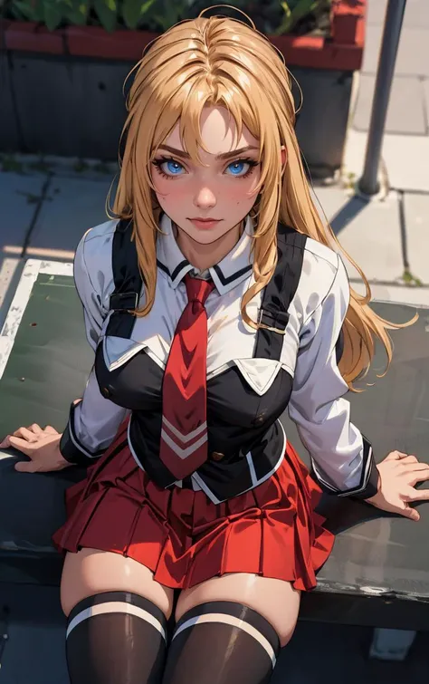 ((masterpiece, best quality)), insaneres, absurdres, solo, outdoors,
CLOTHING_BibleBlack_SchoolDress_ownwaifu, 
1girl, blonde hair,  long hair, blue eyes, 
black vest, red skirt, white shirt, collared shirt, suspenders, school uniform, black thighhighs, zettai ryouiki, necktie, long sleeves, pleated skirt, red necktie, 
(from above, sitting)<lora:CLOTHING_BibleBlack_SchoolDress_ownwaifu:0.9>,
lens flare, depth of field, bokeh, embers, vanishing point, looking at viewer,