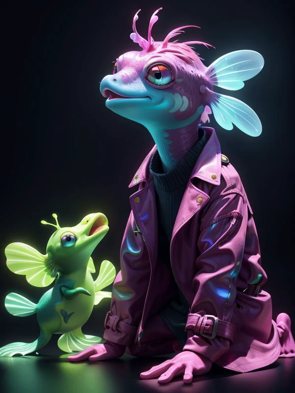 (Style: realism, (epic:1.2), realistic, photo, trending on artstation, (pixar:1.2), 3d, cartoon, ((high quality:1.2, masterpiece:1.2)) , (8k resolution) , high details, incredibly absurdres, color connection, colorized, colorful, neon colors, (bioluminescence:1.1), (iridescent:1.2), (no humans:1.3)),
(axolotl:1.2),, animal, cute big eyes, trench coat), moon,,
<lora:Acid_Slime_Bubbles:0.45> acidzlime