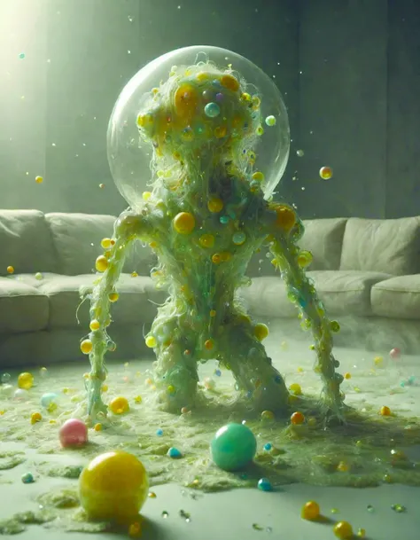 a cybernetic symbiosis of a single engineer astronaut mech-organic eva suit made of pearlescent wearing knitted shiny ceramic multi colored yarn thread infected with diamond 3d fractal lace iridescent bubble 3d skin dotted covered with orb stalks of insectoid compound eye camera lenses floats through the living room,film still from the movie directed by Denis Villeneuve with art direction by Salvador Dal,wide lens,kevlar,carbon fiber,ceramics,gaseous materials,glowing acidzlime <lora:acidzlime-sdxl:0.8>