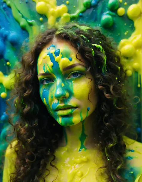 acidzlime, A close-up portrait of a woman with long curly brown hair and bright blue eyes. Her skin has yellow tones. She is surrounded by green bubbly paint. Slime art.