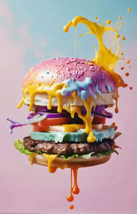 polaroid photo, pastel colors, extreme close-up photo of feeding the mouth that feeds, eat the burger, by luis duarte, thierry cailleteau, olivier vatine, japanese ink, ink wash, drip drip drip, swirls, pastel-hued flakes, splash style, abstract art, high definition, photo-realistic, colorful two tone background <lora:acidzlime-sdxl:0.7>