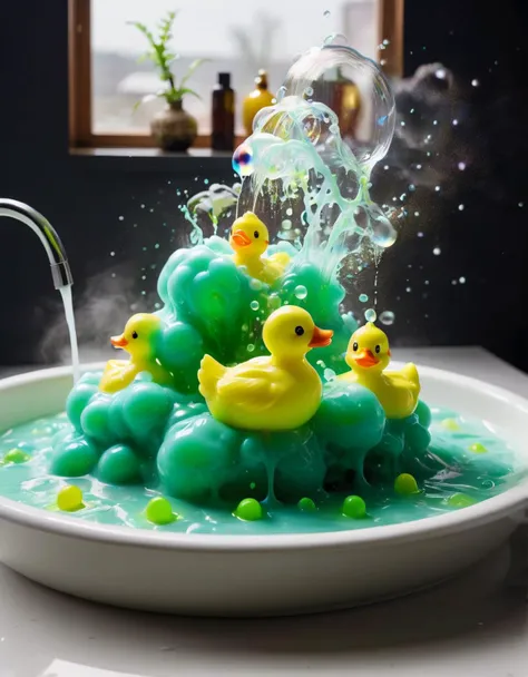 acidzlime, An exploding bubble bath, with rubber duckies, squirting soap, and colorful slime. A fun and playful scene, inspired by the whimsical art of Yoko Tanji