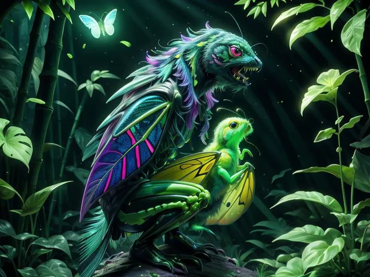 (Style: realism, (epic:1.2), realistic, photo, trending on artstation, (pixar:1.2), 3d, cartoon, ((high quality:1.2, masterpiece:1.2)) , (8k resolution) , high details, incredibly absurdres, color connection, colorized, colorful, neon colors, (bioluminescence:1.1), (iridescent:1.2), (no humans:1.3)),
(moth:1.3),, animal, cute big eyes, trench coat), bamboo forest,,
<lora:Acid_Slime_Bubbles:0.65> acidzlime