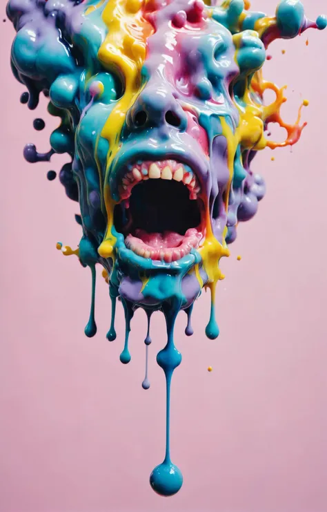 polaroid photo, pastel colors, extreme close-up photo of feeding the mouth that feeds, artistic plating, by luis duarte, thierry cailleteau, olivier vatine, japanese ink, ink wash, drip drip drip, swirls, pastel-hued flakes, splash style, abstract art, high definition, photo-realistic, colorful two tone background <lora:acidzlime-sdxl:0.7>