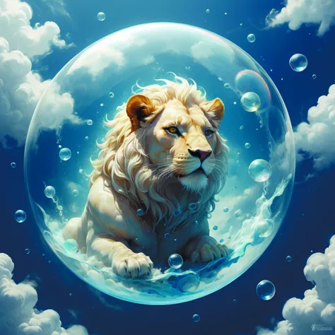 aesthetic portrait commission of a albino muscular and attractive anthro lion floating inside a floating soap bubble like as if it was in the womb in a blue cloudy sky with clouds orbiting the bubble like a planet,minimalistic,hyperdetailed. Character design by charlie bowater,ross tran,and makoto shinkai,detailed,inked,western comic book,2021 award winning painting <lora:add-detail-xl:1.6> acidzlime <lora:acidzlime-sdxl:0.7> <lora:xl_more_art-full_v1:0.6>