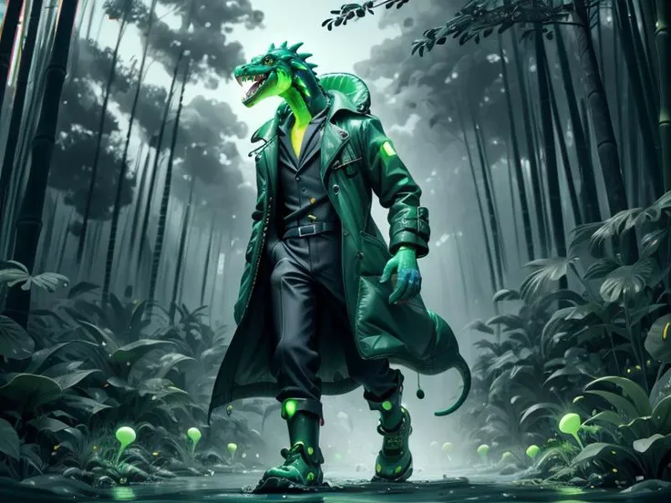 (Style: realism, (epic:1.2), realistic, photo, trending on artstation, (pixar:1.2), 3d, cartoon, ((high quality:1.2, masterpiece:1.2)) , (8k resolution) , high details, incredibly absurdres, color connection, colorized, colorful, neon colors, (bioluminescence:1.1), (iridescent:1.2), (no humans:1.3)),
(crocodile,, animal, cute big eyes, trench coat), bamboo forest,,
<lora:Acid_Slime_Bubbles:0.65> acidzlime