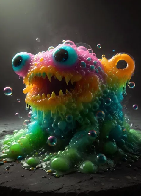 horror-themed cinematic photo Ombre color scheme of neon blue, neon pink, neon yellow, neon green, neon orange, a bubbling goo slime creature with (giant smiling mouth:1.4) (fangs:1.4) (giant eyes:1.4) <lora:Channel_42:0.35> *Channel_42* <lora:sss:0.8> <lora:XL_Aether_Bubbles_And_Foam_v1_SDXL_LoRA:0.6> made of soap bubbles, made of bath foam <lora:XL_RMSDXL_Creative:0.65> <lora:another-bored-monsters:0.8> fx-monsters <lora:acidzlime:0.52> acidzlime
BREAK
cute cartoon face by Disney of an (alien creature:1.1), subsurface scattering, Photorealistic, Hyperrealistic, analog style, realistic, film photography, soft lighting, heavy shadow , 35mm photograph, film, bokeh, professional, 4k, highly detailed . eerie, unsettling, dark, spooky, suspenseful, grim, highly detailed