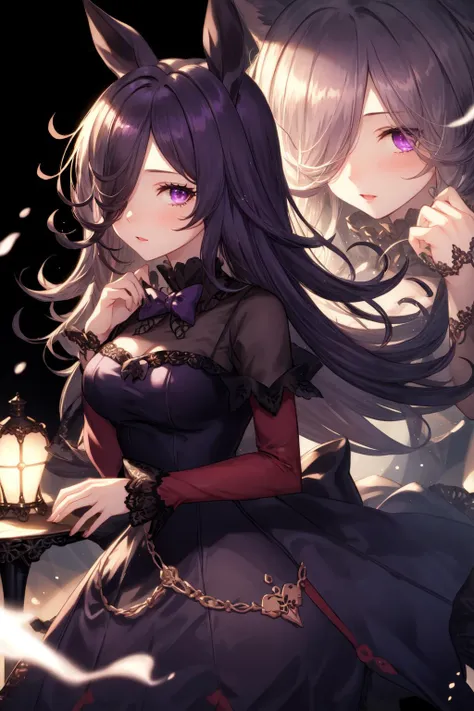 1girl, r1ce sh0wer, purple eyes, hair over one eye, victorian dress, <lora:Rice Shower_40794:0.8>, <lora:GBF_Splash:1>, splash art
