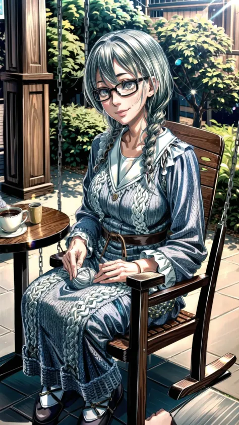 girls just wanna have fun, BREAK, <lora:add_detail:0.4>
<lora:177013 - Metamorphosis - Emergence:0.8> twin braids, glasses, grey hair, green-brown eyes, light smile, (((old, grandmother))), BREAK,
((( sitting, knitting, swing chair ))),, masterpiece, best quality, hyperrealistic, extremely detailed, highly quality, 4k, sharp focus, professional photograph, sharp focus, award winning, cinematic lighting, octane render, unreal engine, volumetrics dtx, Wallpaper,