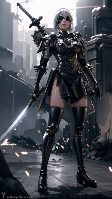 <lora:edgWar40KAdeptaSororitas:0.75> edgAdepta, wearing edgAdepta, (power armor, shoulder armor:1.15), skull emblem, (fleur de lis:1.15), BREAK, <lora:yorha_noDOT_2_type_b:0.7> yorha no. 2 type b, bob cut, white hair, blindfold, BREAK, <lora:UBWKatanaOneHand:0.5> KatanaOneHand, basic grip, strike pose, blade right hand, (power sword:1.25), masterpiece, best quality, extremely detailed, highly quality, 4k, sharp focus, professional, sharp focus, award winning, cinematic lighting, octane render, unreal engine, volumetrics dtx, Wallpaper,