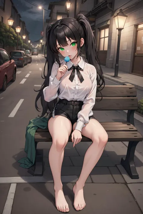 ((masterpiece, high resolution, best quality:1.4, breathtaking, ultra detailed)), a girl sitting under a street lamp at evening, full body, perfect feet, toenails, foot focus, street, bench, white blouse, fit shorts, bangs, twin ponytails, black hair, green eyes, long sleeves, holding, lollipop, looking at viewer <lora:fmlorav1.3take17m14npl:0.8>