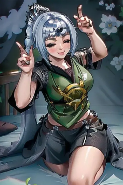 (masterpiece) (image quality:2.0) Temporary image of a bad female anime character, bed_invitation, winking pose, determined smile, warrior outfit.