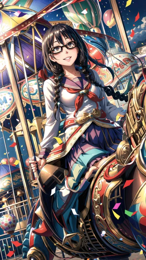 girls just wanna have fun, BREAK,
<lora:177013 - Metamorphosis - Emergence:0.8> twin braids, glasses, black hair, blue school uniform, green-brown eyes, happy, BREAK,
(((Carnival, balloon, confetti, carousel, colorful lights))),, masterpiece, best quality, hyperrealistic, extremely detailed, highly quality, 4k, sharp focus, professional photograph, sharp focus, award winning, cinematic lighting, octane render, unreal engine, volumetrics dtx, Wallpaper,