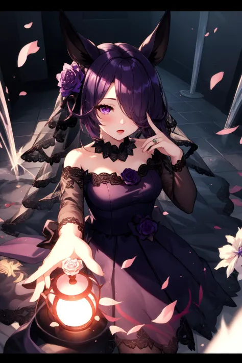 1girl, r1ce sh0wer, purple eyes, hair over one eye, bridal dress, <lora:Rice Shower_40794:0.8>, <lora:GBF_Splash:1>, splash art