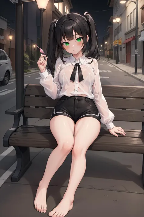 a girl sitting under a street lamp at evening, barefoot, perfect feet, full body, street, bench, white blouse, fit shorts, bangs, twin ponytails, black hair, green eyes, long sleeves, holding, lollipop, looking at viewer <lora:fmlorav1.3take17m14npl:0.8>