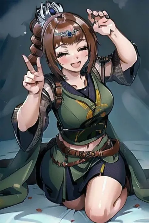 (masterpiece) (image quality:2.0) Temporary image of a female anime character, bed_invitation, smiling, winking pose, determined smile, warrior outfit.