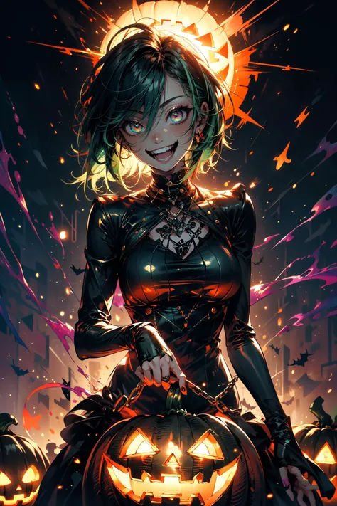 1girl,standing,green hair,short hair,portrait,looking at viewer,teeth,laughing,laugh,smile,grin widely,open mouth,colorful,color explosion behind,neon,scary,(horror style),mad,(madness),(mad laugh:1.3),(craziness),(mad smile:1.2),expression, pumpkins,pumpkin,halloween,<lora:midjourney_20230624181825:0.8> midjourney