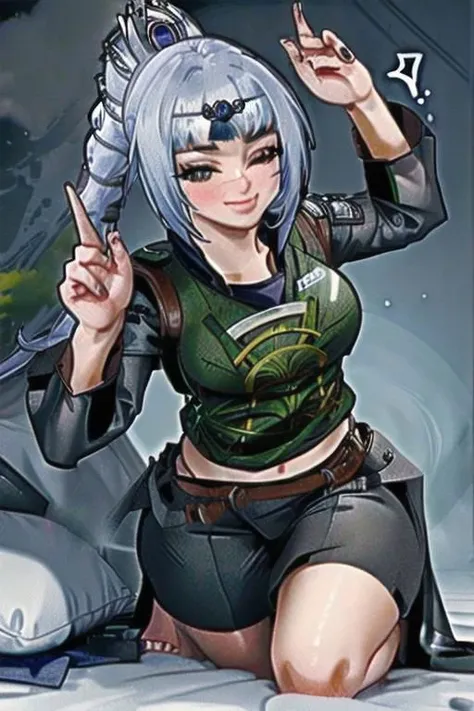 (masterpiece) (image quality:2.0) Temporary image of a bad female anime character, bed_invitation, winking pose, determined smile, warrior outfit.