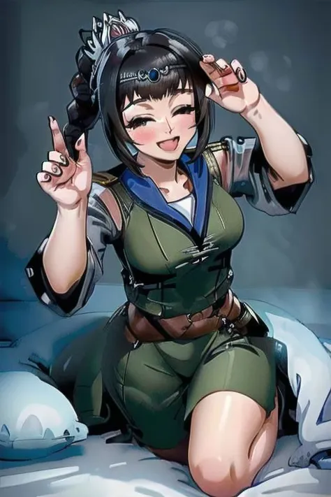 (masterpiece) (image quality:2.0) Temporary image of a female anime character, bed_invitation, smiling, winking pose