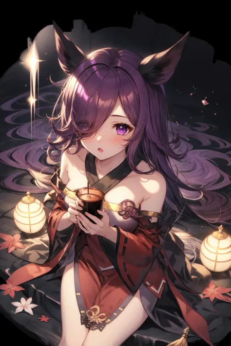 1girl, r1ce sh0wer, purple eyes, hair over one eye, miko, <lora:Rice Shower_40794:0.8>, <lora:GBF_Splash:1>, splash art