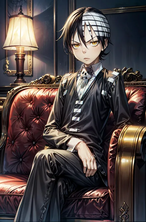 <lora:death_the_kid_soul_eater:0.8> death_the_kid_soul_eater, black hair, yellow eyes,sit,sit on couch,crossed legs,detailed mansion,masterpiece,extremely detailed CG unity 8k wallpaper, best quality,32k,focus sharp, <lora:add_detail:0.5>, <lora:JW:0.5>