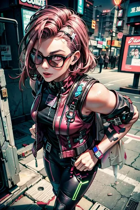 <lora:sugimoto_reimi:0.8>,pink hair, cyberpunk, neon color,