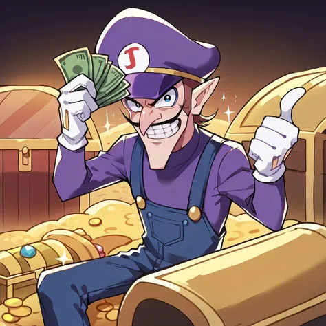 score_9, score_8_up, score_7_up, source_anime, rating_safe, SFW, solo, masterpiece, very aesthetic, absurdres, recent, anime screenshot, flat coloring, BREAK <lora:ChamWaluigiPonyXL:0.8> waluigi, mustache, 1boy, teeth, hat, gloves, brown hair, pointy ears, white gloves, overalls, smile, long sleeves, purple headwear, grin, open mouth, purple shirt, pants, sitting on a treasure chest holding money, <lora:gangstersb-guy-PONYv1:0.65> gangstersb, holding, money, holding money, looking at viewer, <lora:treasure xl v1:0.65> treasure-room, treasure chest