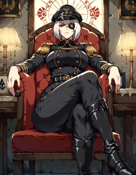 score_9, score_8_up, score_7_up, score_6_up, source_anime, masterpiece, detailed, refined, 1girl, (mature female), warhammer 40000, detailed background, bunker, lamp, table, crates, black military uniform, black militarty cap, (epaulettes), (pants), knee boots, serious expression, white hair, bob cut, red eyes, eyepatch, sittinbg on chair, legs crossed