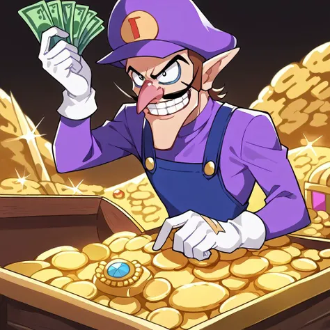 score_9, score_8_up, score_7_up, source_anime, rating_safe, SFW, solo, masterpiece, very aesthetic, absurdres, recent, anime screenshot, flat coloring, BREAK <lora:ChamWaluigiPonyXL:0.8> waluigi, mustache, 1boy, teeth, hat, gloves, brown hair, pointy ears, white gloves, overalls, smile, long sleeves, purple headwear, grin, open mouth, purple shirt, pants, sitting on a treasure chest holding money, <lora:gangstersb-guy-PONYv1:0.65> gangstersb, holding, money, holding money, <lora:treasure xl v1:0.65> treasure-room, treasure chest