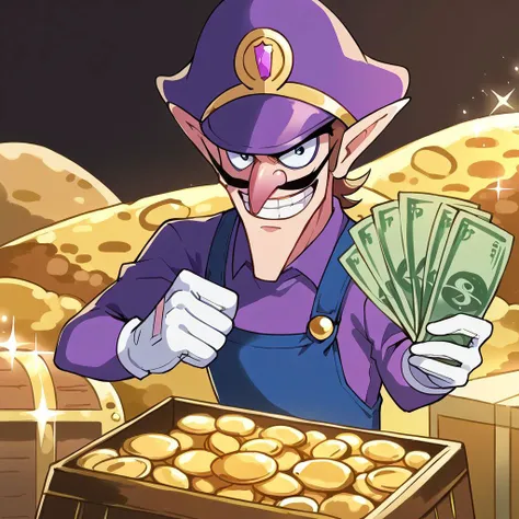 score_9, score_8_up, score_7_up, source_anime, rating_safe, SFW, solo, 1girl, masterpiece, very aesthetic, absurdres, recent, anime screenshot, flat coloring, BREAK <lora:ChamWaluigiPonyXL:0.8> waluigi, mustache, 1boy, teeth, hat, gloves, brown hair, pointy ears, white gloves, overalls, smile, long sleeves, purple headwear, grin, open mouth, purple shirt, pants, sitting on a treasure chest holding money, <lora:gangstersb-guy-PONYv1:0.65> gangstersb, solo, holding, money, smile, holding money, <lora:treasure xl v1:0.65> treasure-room, treasure chest