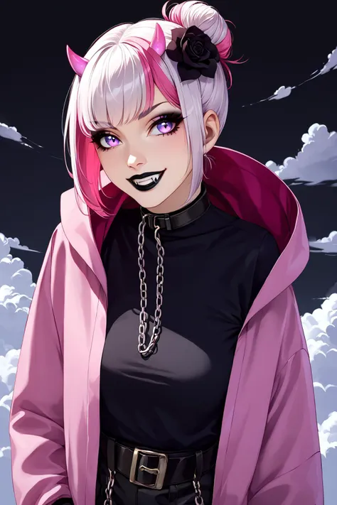 score_9, score_8_up, score_7_up,  score9, score8, score7, score6,
BREAK,
1 girl, solo, highly detailed, OverallDetail, goth girl, makeup, black lipstick, tiny pink horns, glowing purple eyes, multicolored hair, pink hair, white hair, short hair, single hair bun, japanese hairstyle, hair flower,  vampire teeth, 
BREAK,
 looking up, portrait, (from above:1.6), face focus, close up, half body, arched back, smirk, dark_techwear, black gloves, belt, hood, pink coat, black shirt, chain, hand in pocket, 
BREAK,
black background,  (clouds:1.5), <lora:DetailedEyes_V3:1>  <lora:dark_techwear:1>